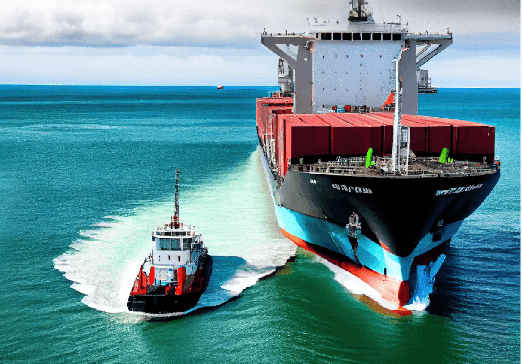 Cargo ship with tugboat